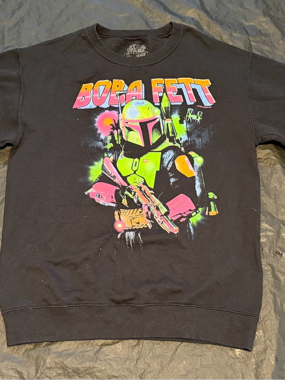 Star Wars Boba Fett Neon Graphic Black Crewneck Sweatshirt M